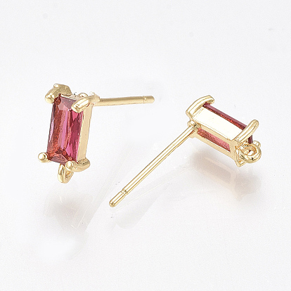 Brass Stud Earring Findings, Cubic Zirconia and Loop, Nickel Free, Real 18K Gold Plated, Rectangle