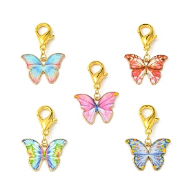 Light Gold Tone Alloy Enamel Butterfly Pendant Decorations, with Lobster Claw Clasps