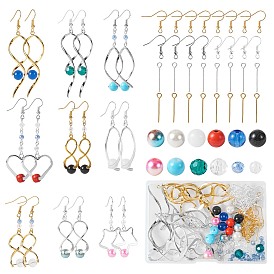 Kit de fabrication de boucles d'oreilles pendantes en perles bricolage, y compris les bélières en laiton, Crochets de boucles d'oreilles en fer, perles rondes en verre et en plastique abs et pierres précieuses