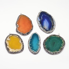Nuggets Natural Agate Big Pendants, with Platinum Plated Brass Findings and Rhinestones, Dyed, 50~95x25~60x4~8mm, Hole: 2mm