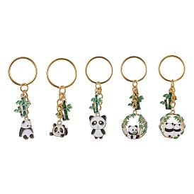 Panda & Bamboo Alloy Enamel Pendant Keychains, with Iron Split Key Rings