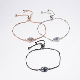 Bracelets réglables en laiton à micro-pavé de zircons cubiques, bracelets de slider, avec des chaînes de boîte en laiton, oeil