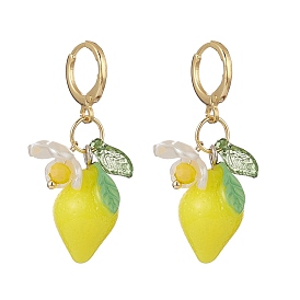 Lemon Resin with Leaf & Imitation Pearl Flower Dangle Leverback Earrings, Brass Jewelry for Women