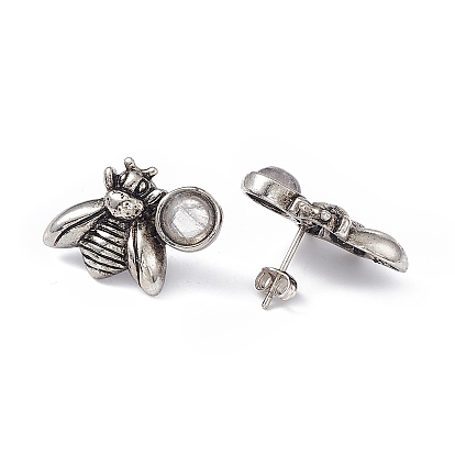 Gemstone Bee Stud Earrings, Antique Silver Alloy Earrings with Brass Pins for Women