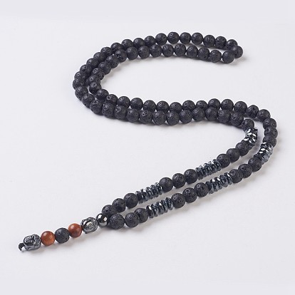 Natural Lava Rock Beads and Gemstone Pendant Necklaces, with Sandalwood Beads