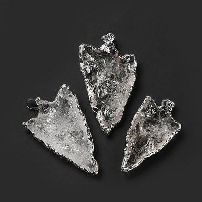 Colgantes de cristal de cuarzo naturales, colgantes de cristal de roca, encantos triángulo, con fornituras de latón chapado en cremallera