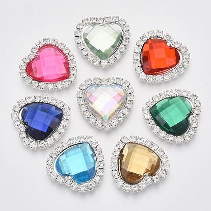 Shining Flat Back Faceted Heart Acrylic Rhinestone Cabochons, with Grade A Crystal Rhinestones and Brass Cabochon Settings