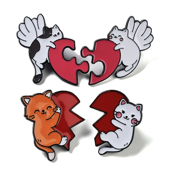 Valentine's Day Half Love Heart Cat Theme Enamel Pins, Black Zinc Alloy Brooch for Backpack Clothes Best Buds