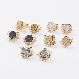 Electroplate Natural Druzy Agate Stud Earrings, with Brass Findings, Sun, Golden