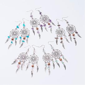 Alloy Dangle Earrings, with Gemstone Beads and Brass Earring Hooks, Antique Silver and Platinum