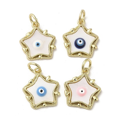 Evil Eye Enamel Shell Pendants, Brass Star Charms with Jump Rings, Real 18K Gold Plated