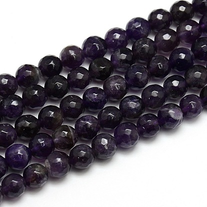 Natural Faceted Amethyst Round Bead Strands, Grade AB
