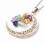Natural Mixed Gemstone Chips Cluster with Moon Pendant Necklace, 304 Stainless Steel Jewelry for Women, Antique Silver