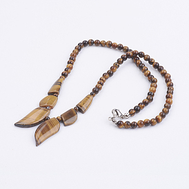 Natural Tiger Eye Beaded Necklaces, with Brass Lobster Claw Clasp