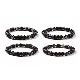4Pcs Natural Crackle Agate & Indian Agate & Natural Agate & Synthetic Hematite and Coconut Beads Stretch Bracelets Set for Women Men
