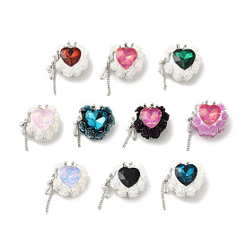 Polymer Clay Rhinestone Beads, with Acrylic & Glass Cabochon and Alloy Finding, Heart with Crown & Rose
