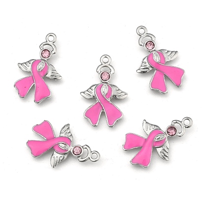 October Breast Cancer Pink Awareness Ribbon, with Angel Wing Alloy Enamel Pendants, with Rhinestone, 23.5x15x2mm, Hole: 1.5mm