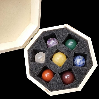 7 чакра, натуральный смешанный камень, хрустальный шар в восьмиугольной деревянной коробке, Украшения из энергетического камня Рейки для исцеления, медитация, колдовство