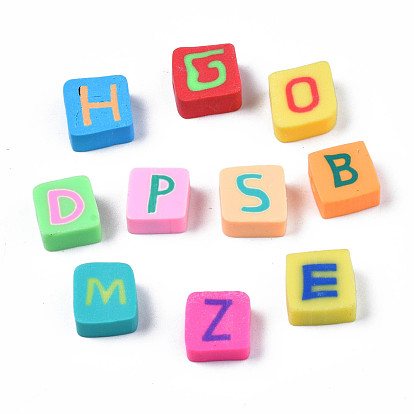 Handmade Polymer Clay Bead Strands, Square with Capital Letter