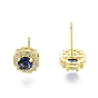 Marine Blue Glass Flower Stud Earrings with Cubic Zirconia, Brass Jewelry for Women, Nickel Free