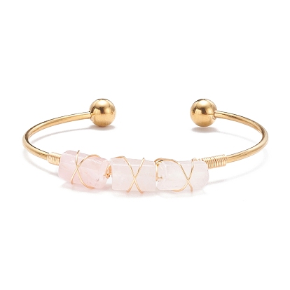 Bracelet de manchette enveloppé de perles de pierres naturelles mélangées, bracelet torque en laiton pour femme, or et de lumière