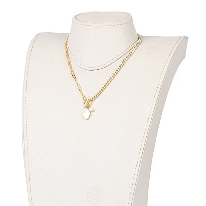 Natural Shell Hamsa Hand Pendant Necklaces, with Natural Pearl Beads, Brass Enamel Curb Chains, Brass Paperclip Chains and 304 Stainless Steel Toggle Clasps, Creamy White