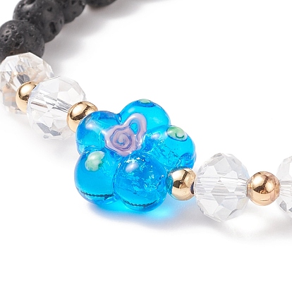 Natural Lava Rock & Lampwork Flower Beaded Stretch Bracelet, Essential Oil Gemstone Jewelry for Women