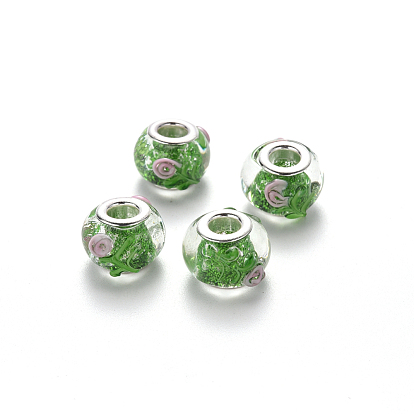 Perles européennes en lampwork faits à la main, perles de rondelle avec grand trou , en laiton de tonalité de platine noyaux doubles, Pattern Mix