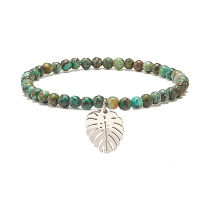 Natural Gemstone Round Beaded Stretch Bracelet with Leaf Charm, Gemstone Jewelry for Women