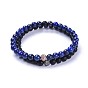 Natural Black Agate(Dyed) Bead and Gemstone Bead Stretch Bracelet Sets, with Brass Micro Pave Cubic Zirconia Bead, Frosted