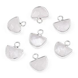 Natural Quartz Crystal Semi Circle Charms, Faceted Half Round Charms, with Silver Color Plated Brass Findings