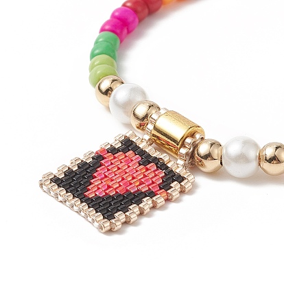 Glass Seed Braided Bead Bracelet, Rectangle with Heart Charm Bracelet for Women