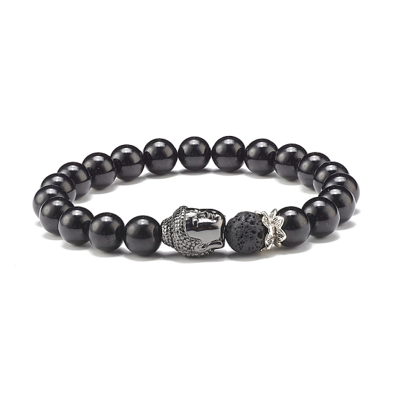 Bracelet extensible de puissance d'énergie de perles rondes de pierre mélangée naturelle et de roche de lave pour hommes femmes, bracelet tête de bouddha perles laiton, gris anthracite