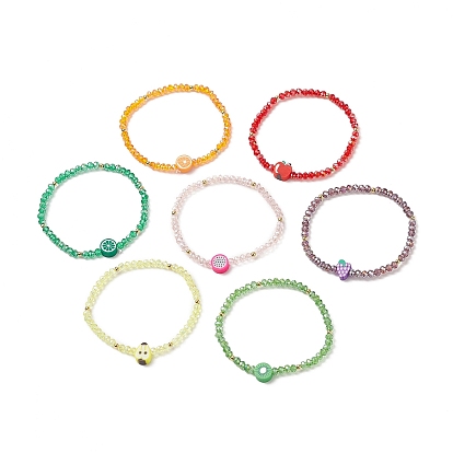 7Pcs 7 Style Glass Beaded Stretch Bracelets Set, Lemon & Kiwi & Pear & Apple & Pitaya & Orange Polymer Clay Stackable Bracelets for Women