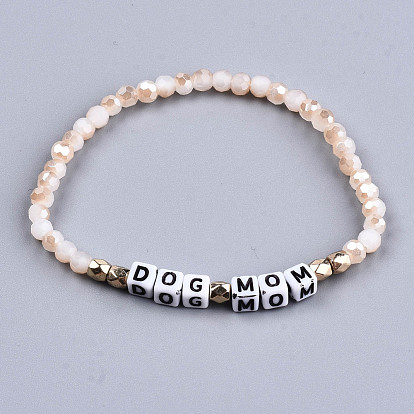 Faceted Round Glass Beads Stretch Bracelets, with Cube Acrylic Letter Beads, Word