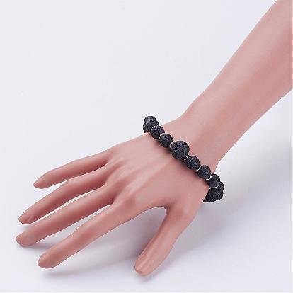 Natural Lava Rock Beads Stretch Bracelets, with 304 Stainless Steel Bead Spacers