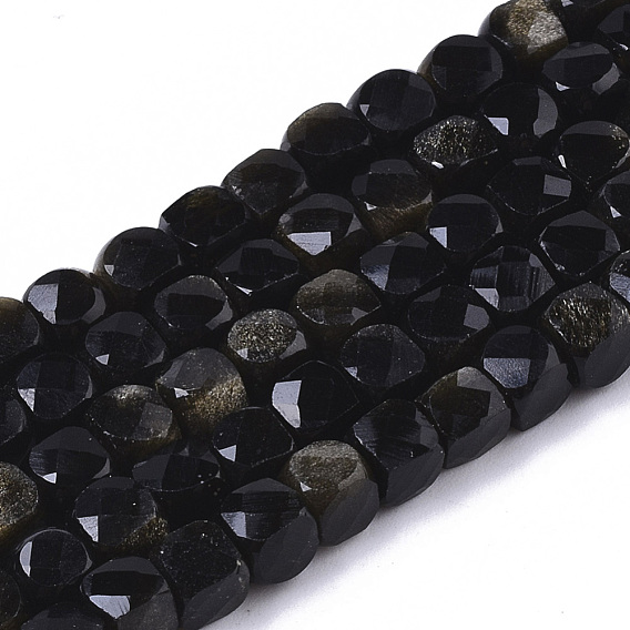Natural Golden Sheen Obsidian Beads Strands, Faceted, Cube