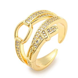 Rack Plating Brass Micro Pave Cubic Zirconia Open Cuff Ring for Women, Hollow Buckle Belt Shape, Lead Free & Cadmium Free