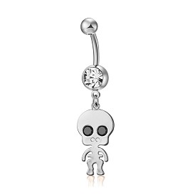 Piercing Jewelry, Brass Cubic Zirciona Navel Ring, Belly Rings, with 304 Stainless Steel Bar, Lead Free & Cadmium Free, Skull