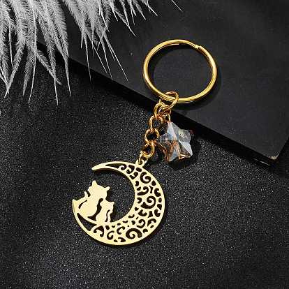 Stainless Steel Hollow Moon Cat Keychains, with Iron Keychain Ring and Star Glass Pendant