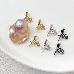 Brass Micro Pave Clear Cubic Zirconia Leaf Peg Bails Pin Charms, for Baroque Pearl Making