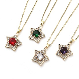 Star Light Gold Brass Micro Pave Cubic Zirconia Pendant Necklaces, with Glass