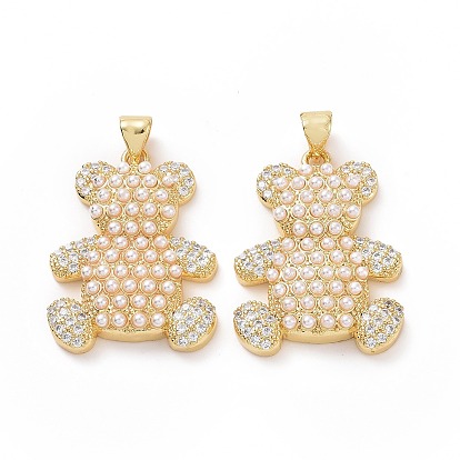 Brass Micro Pave Clear Cubic Zirconia Pendants, with Imitation Pearls, Bear Charms
