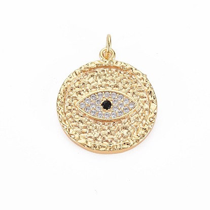 Brass Micro Pave Clear & Blace Cubic Zirconia Pendants, Nickel Free, Flat Round with Evil Eye