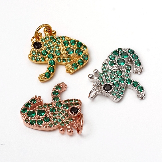 Brass Micro Pave Green Cubic Zirconia Pendants, with Jump Rings, Long-Lasting Plated, Frog