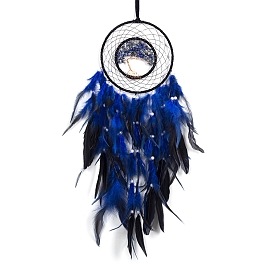 Iron & Wire Wrapped Natural Sodalit Chip Tree of Life Hanging Decoration, for Home Decoration, Woven Net/Web with Feather