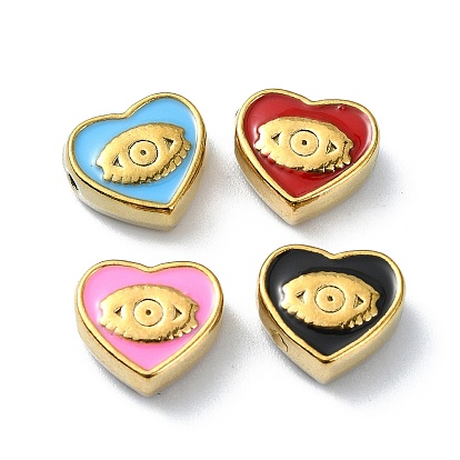 Ion Plating(IP) 304 Stainless Steel Enamel Beads, Real 18K Gold Plated, Heart with Eye