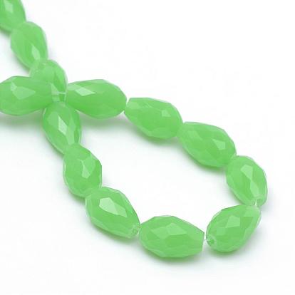 Brins de perles de verre de jade imitation facettes en forme de larme, 11~12x8mm, Trou: 1.5mm, Environ 60 pcs/chapelet, 27 pouce