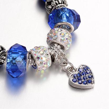 Aleación de diamantes de imitación de perlas pulseras europeas, con cuentas de vidrio y cadena de latón, 190 mm