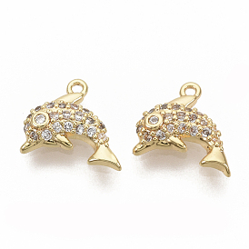 Brass Micro Pave Clear Cubic Zirconia Charms, Nickel Free, Real 18K Gold Plated, Dolphin